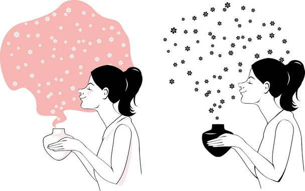Žena pomocí aromaterapie difuzor, obklopený vůně esenciálních olejů, Eps 8 vektorové ilustrace - Vektor, obrázek