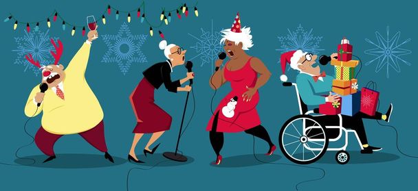 Personnes âgées célébrant les vacances d'hiver et chantant karaoké, illustration vectorielle EPS 8
 - Vecteur, image