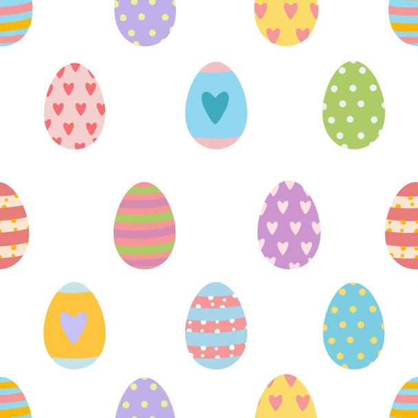 Easter vector seamless pattern made of spring colorful eggs elements. Cute hand drawn hearts willow - Vector, Image