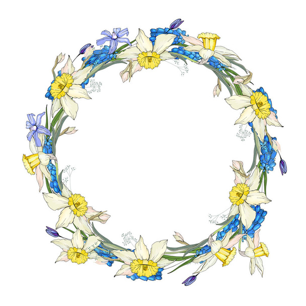Round garland with spring flowers scilla and daffodils. Decorative saeson floral frame for festive design - Διάνυσμα, εικόνα