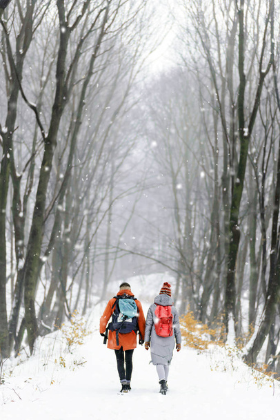Girl and Boy with Backpacks Walking in the Winter Forest - Fotoğraf, Görsel