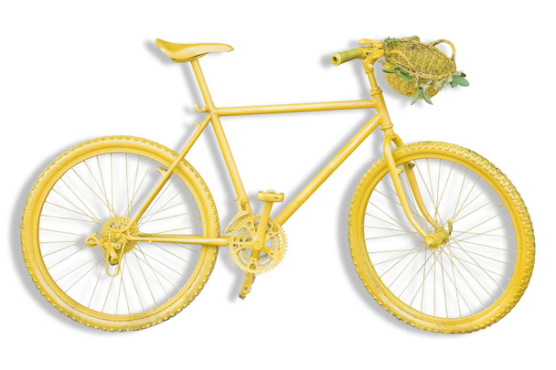 Old colored yellow mountain bike on white background for easy selection - Photo, Image
