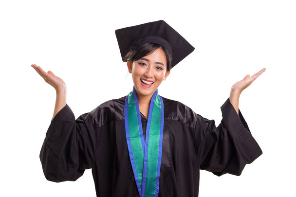 Alegre graduado asiático estudante feminino expressando felicidade com ambas as palmas das mãos abertas levantadas, close-up retrato isolado sobre fundo branco
 - Foto, Imagem