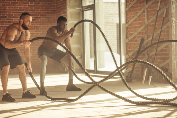 Two multiethnic bare chest sportsmen exercising with battle ropes at the gym. - Foto, Imagem
