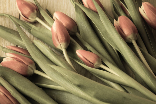 Spring bouquet of flowers of pink tulips on wooden - image - Fotoğraf, Görsel