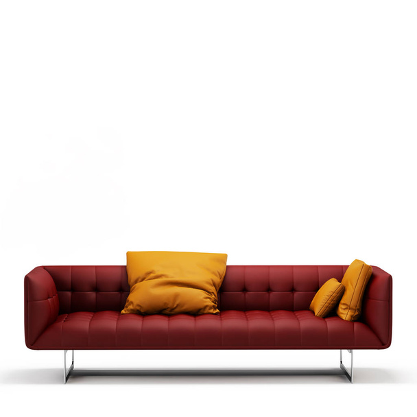 Sofá de couro vermelho com almofadas laranja em um fundo branco vista frontal 3d renderização
 - Foto, Imagem