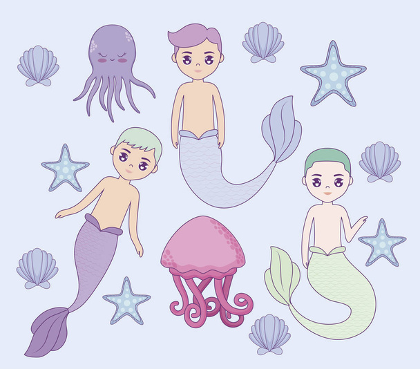group mermaid male in the sea - Vector, Image