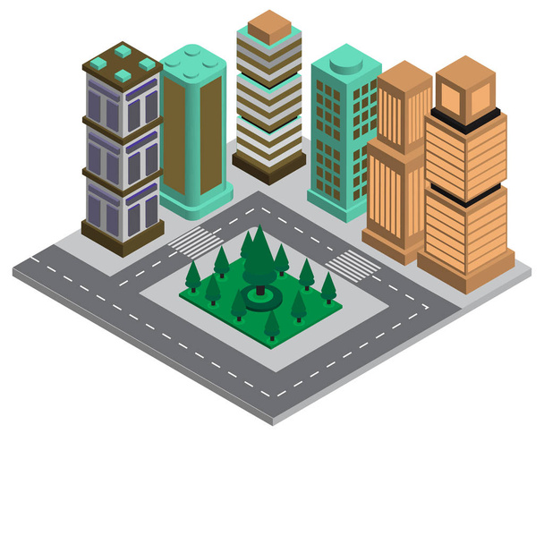 Moderní město izometrické 3d budovy inteligentní design bytu s ulice a zelený strom vektorový obrázek pozadí šablony - Vektor, obrázek
