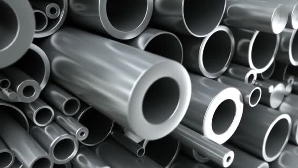 Close-up set van verschillende diameters staal of aluminium ronde buizen. Lus van 3d animatie - Video