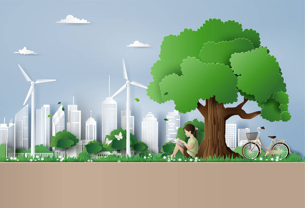 Środowiska i ekologiczne koncepcja z dziewczyna poczytać książkę pod wielkie drzewo w parku miejskim, sztuki papieru 3d od cyfrowy rzemiosło styl. - Wektor, obraz