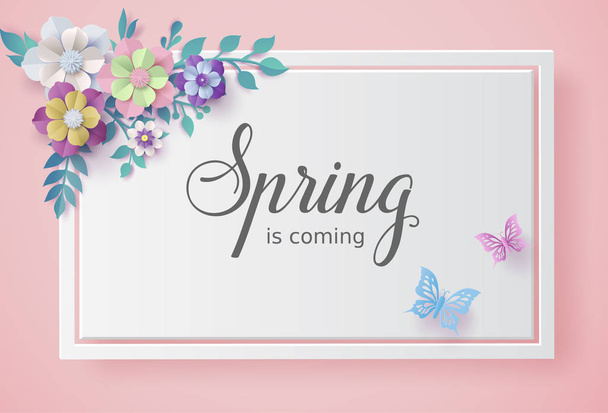 Saison de printemps avec cadre de fleurs et de feuilles. brochures ou bons, style art papier
. - Vecteur, image