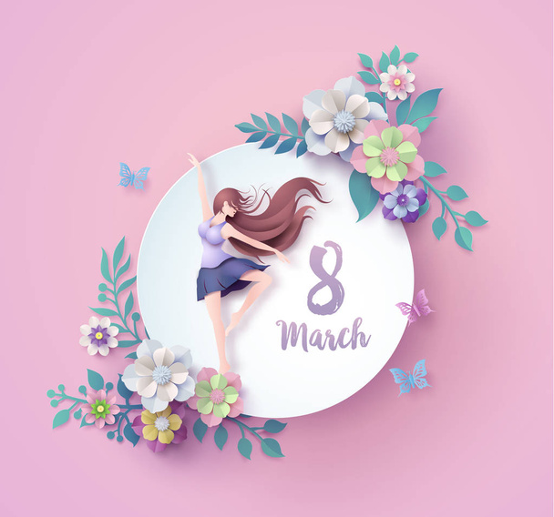 Internationaler Frauentag 8. März mit Rahmen aus Blumen und Blättern, Papierkunst 3D aus digitalem Handwerk. - Vektor, Bild