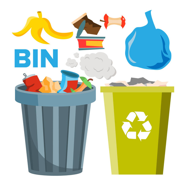 Bin Trash Icons Vector. Classic And Recycling Bins. Isolated Flat Cartoon Illustration - Vector, Image