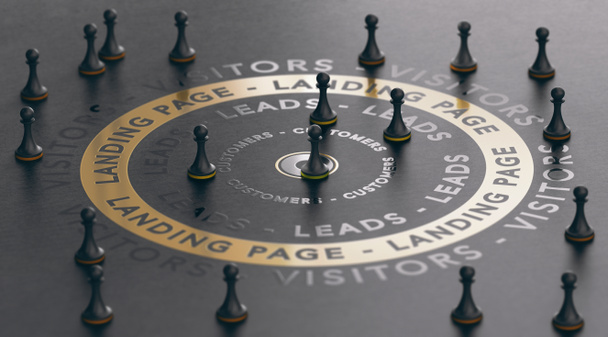 3d ilustración de un concepto de marketing entrante con peones alrededor de una landing page dorada sobre fondo negro. Diseño moderno. - Foto, Imagen