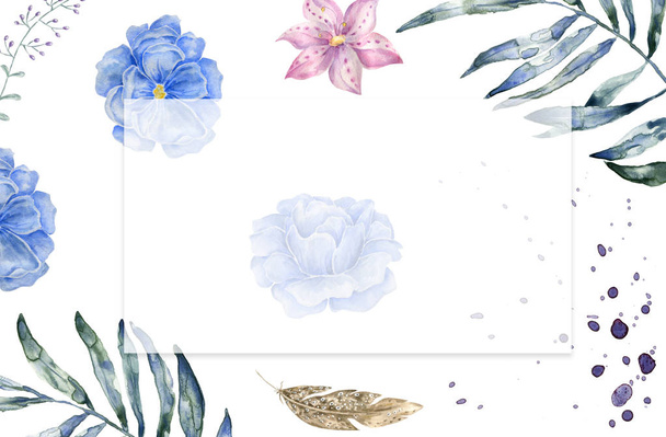 vertical banners with blue and white hydrangea flowers on white background. Floral design for cosmetics, perfume, beauty care products. Can be used as greeting card, wedding illustration - Photo, image