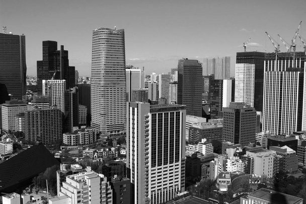 Maisema Tokiossa, jossa eri rakennukset riviin
 - Valokuva, kuva