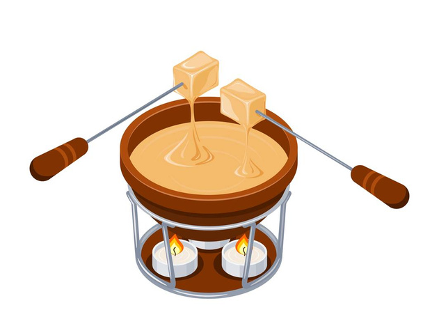 Fondue. Isometric style Brown jar with melted cheese and forks with stringed pieces of bread. Cheese fondue on a white background. Vector illustration - Vector, Image
