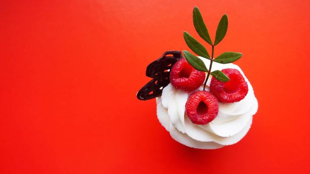 Sweet dessert, cupcake with butter cream and raspberry on red background - Foto, imagen