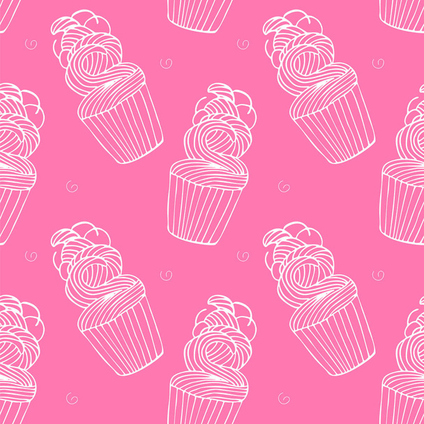 Seamless pattern with cupcakes in hand drawn retro style. Vector. - Vector, imagen