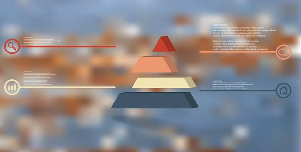 3D illustration infographic template. The embossed triangle is divided to four color shifted parts. Object is arranged on blurred photo background. Color lines with simple signs in circles are on sides. - Vector, Image