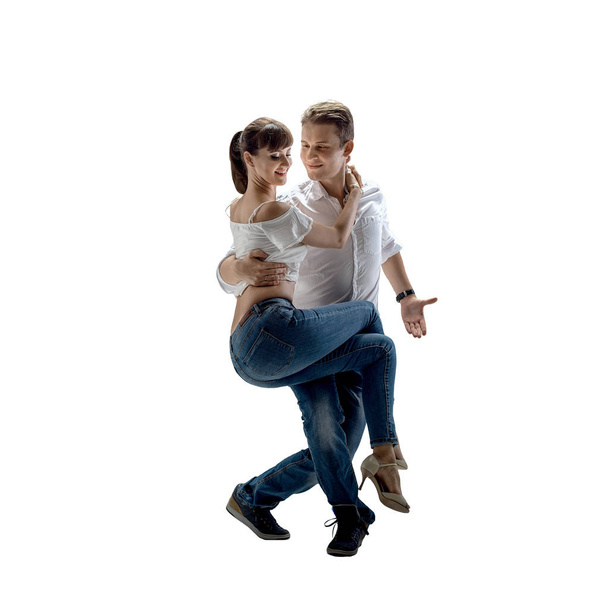beauty couple dancing social danse (kizomba or bachata or semba or taraxia) , on white background, isolated - Φωτογραφία, εικόνα