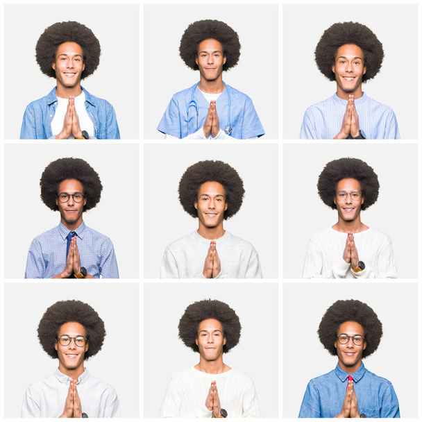 Afro haj felett fehér elszigetelt háttér imádkozott kezével együtt kér bocsánatot mosolyogva magabiztos fiatalember kollázs. - Fotó, kép