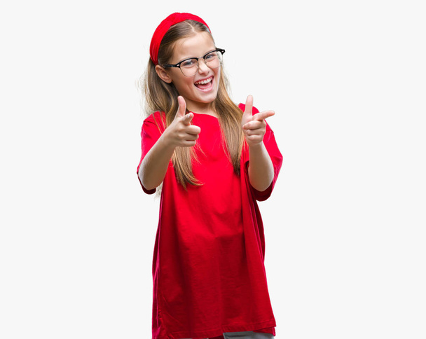 Young beautiful girl wearing glasses over isolated background pointing fingers to camera with happy and funny face. Good energy and vibes. - Photo, Image