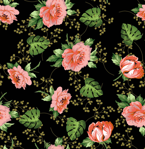 Seampless flower ditsy classic rose print black background - Foto, Imagen