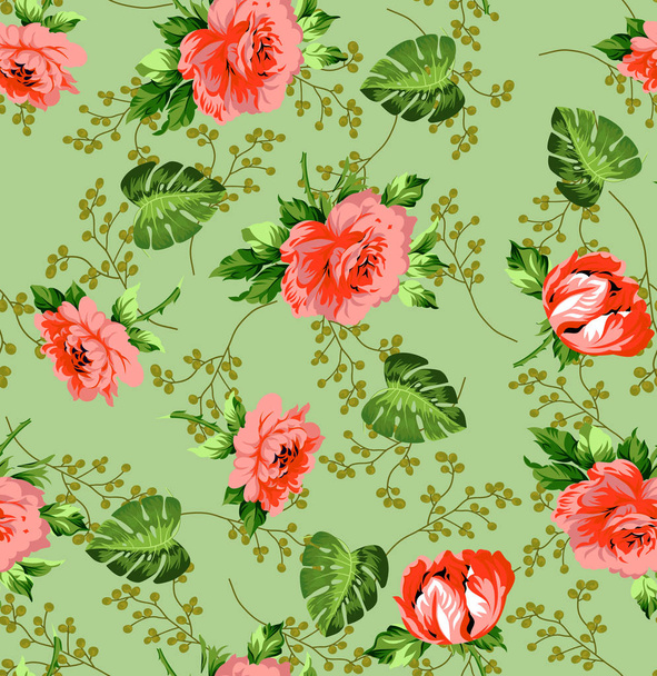 Seampless flower ditsy classic rose print green background - Fotó, kép
