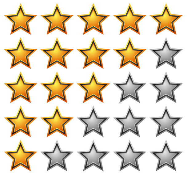 Rating Sterne mit glänzenden, lebendigen Sternen. (5 Sterne Bewertungssystem) - Vektor, Bild