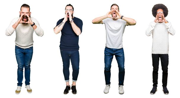Collage of group of young men over white isolated background feeling unwell and coughing as symptom for cold or bronchitis. Healthcare concept. - Photo, Image