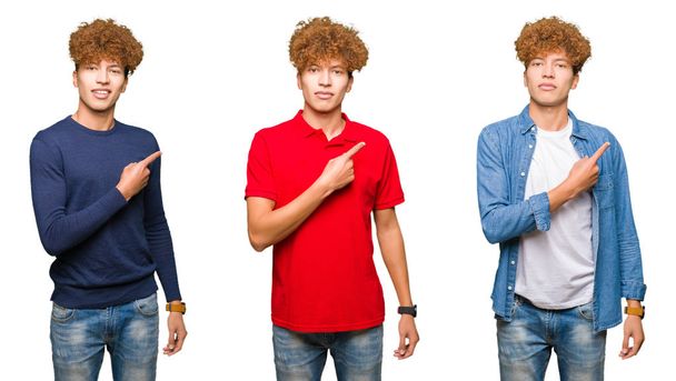 Collage van jonge man dragen verschillende looks over geïsoleerd wit achtergrond wijzen met de vinger van de hand naar de kant tonen van reclame, serieuze en rustige gezicht - Foto, afbeelding