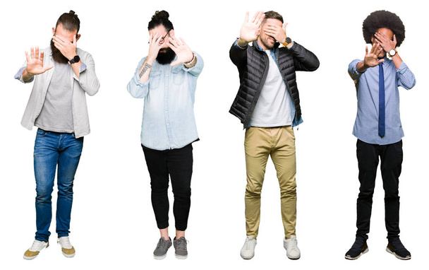 Collage van groep jonge mannen over witte geïsoleerde achtergrond gevoel onwel en hoesten als symptoom voor koude of bronchitis. Gezondheidszorg concept. - Foto, afbeelding