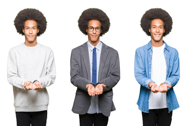 Collage eines jungen Mannes mit Afro-Haaren über weißem isoliertem Hintergrund, der lächelnd die Hände in die Höhe reckt und eine Geste des Empfangens oder Gebens macht. Halt und Schutz - Foto, Bild