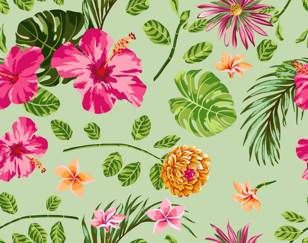 Tropical flowers pattern hibiscus with palm leaf green background - Photo, Image