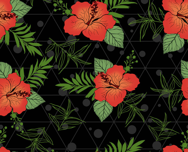  tropical flowers with point black background pattern - Φωτογραφία, εικόνα