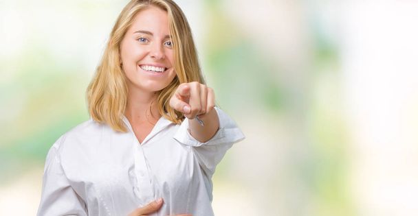 Beautiful young business woman over isolated background Laughing of you, pointing to the camera with finger hand over chest, shame expression - Photo, Image