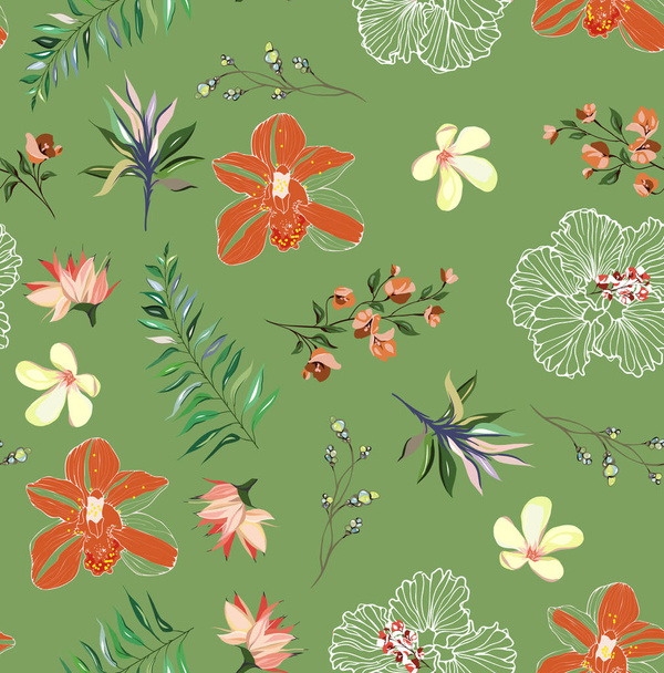 tropical pattern with pink orchids and palm leaves, seamless background - Foto, afbeelding