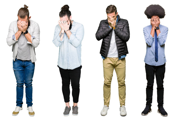Collage de groupe de jeunes hommes sur fond blanc isolé avec expression triste couvrant le visage avec les mains tout en pleurant. Concept de dépression
. - Photo, image