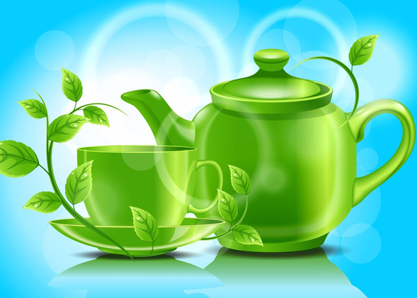 Green teapot with cup and mint - Wektor, obraz