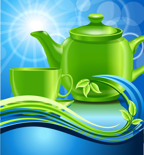 Green teapot with cup and mint - Vector, Image