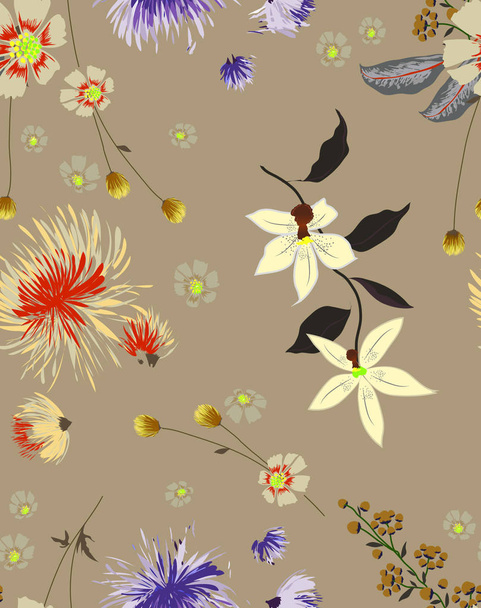 Patrón floral de moda colorida en el tipo de muchas flores botánica tropical sin costuras
  - Foto, Imagen