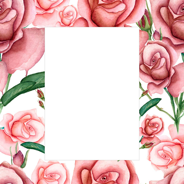 水彩庭花カード背景。赤いバラと緑の葉手描き下ろしビンテージ フレーム。孤立したグリーティングのデザイン. - 写真・画像