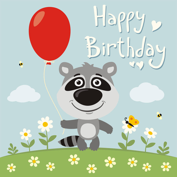 greeting card with cute funny cartoon character of raccoon with red balloon on flower meadow and text Happy birthday - Вектор, зображення