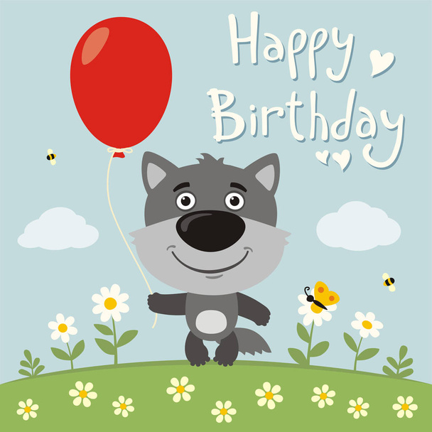 greeting card with cute funny cartoon character of wolf with red balloon on flower meadow and text Happy birthday - ベクター画像