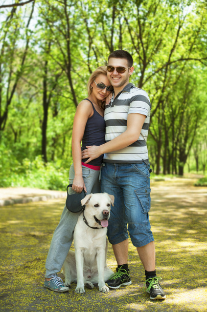 公園で犬と一緒に歩く若いカップルは - 写真・画像