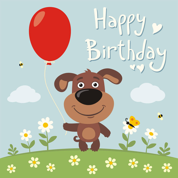 greeting card with cute funny cartoon character of dog with red balloon on flower meadow and text Happy birthday - Вектор, зображення