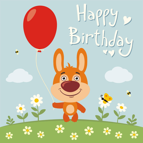 wenskaart met leuke grappige cartoon karakter van konijn met rode ballon op bloem weide en tekst Happy birthday - Vector, afbeelding