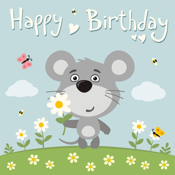 greeting card with cute funny cartoon character of mouse with flower on meadow and text Happy birthday - Vector, Image