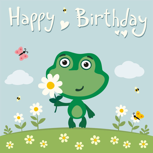 greeting card with cute funny cartoon character of frog with flower on meadow and text Happy birthday - Vecteur, image